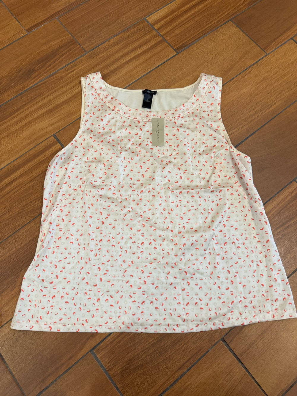 Ann Taylor Cream Tank Top with Coral Pink Micro Print